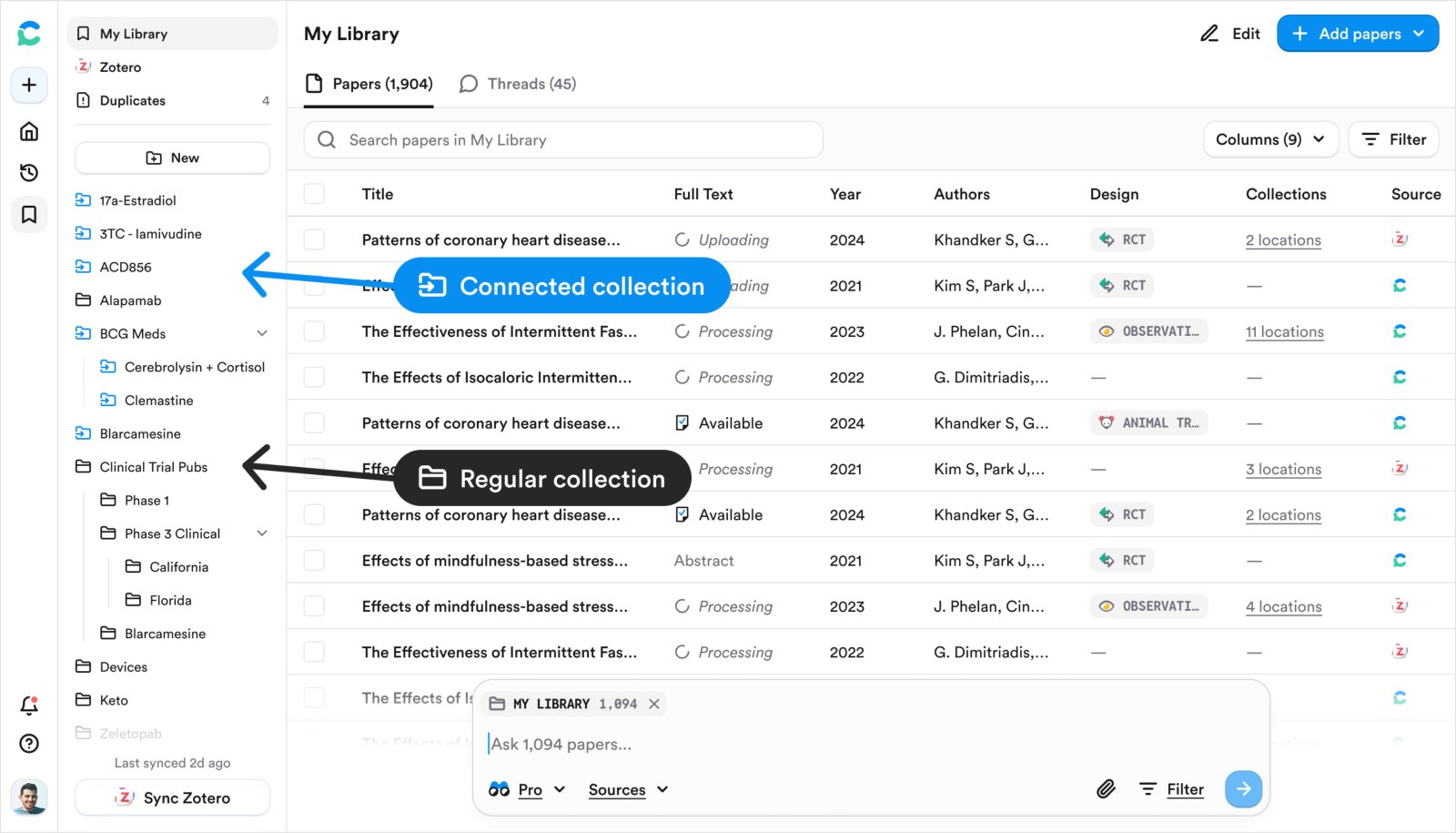 My Library sidebar showing a connected Zotero collection and a regular collection