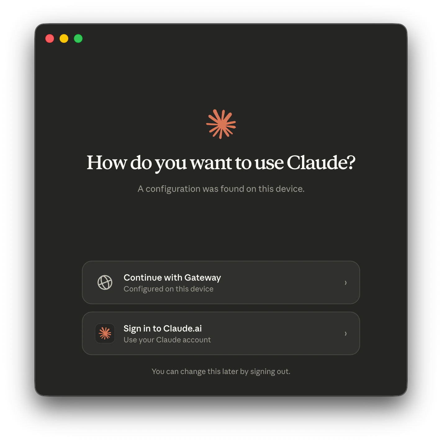 Claude Desktop start screen showing Continue with Gateway / Local configuration option