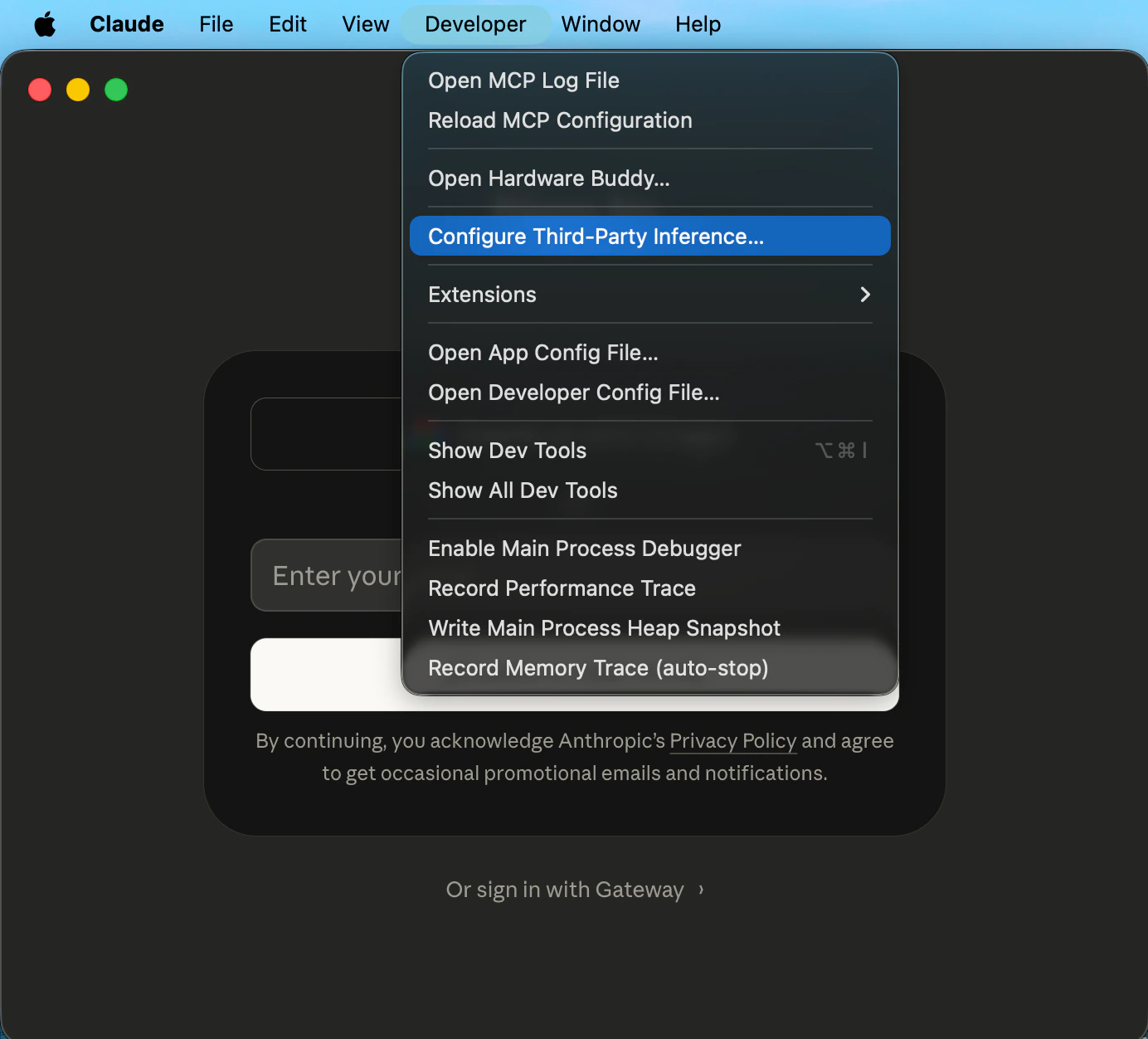 Claude Desktop Developer menu with Configure Third-Party Inference highlighted