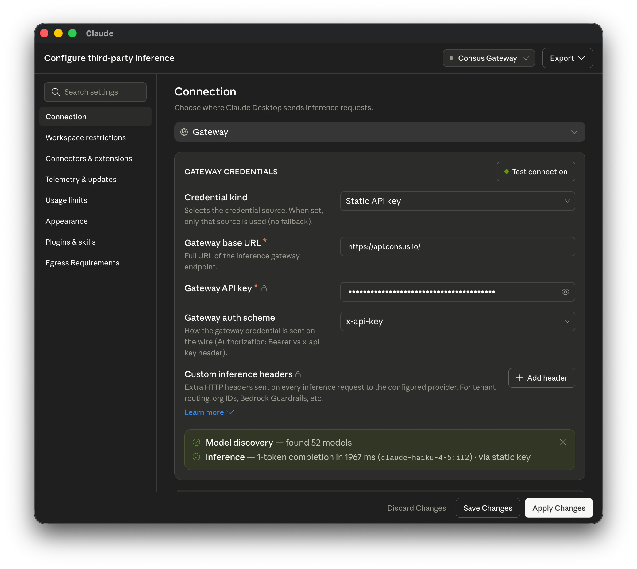 Claude Desktop third-party inference configuration panel showing Gateway selected with Consus credentials