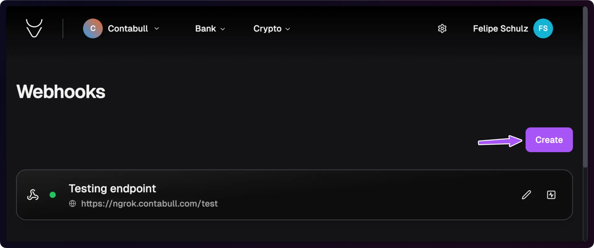 Create webhook button in dark mode