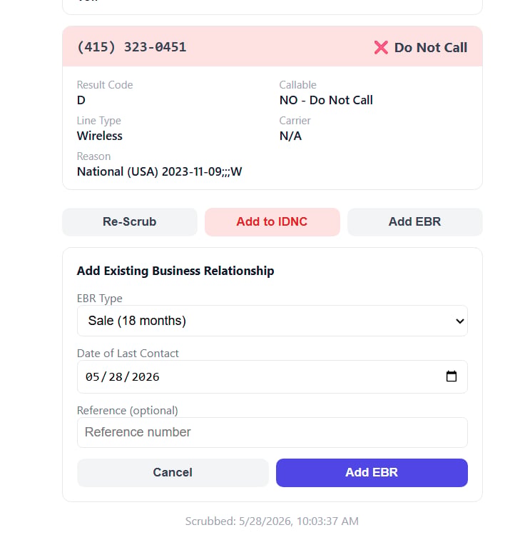 Add Existing Business Relationship form with EBR type, date of last contact, and reference