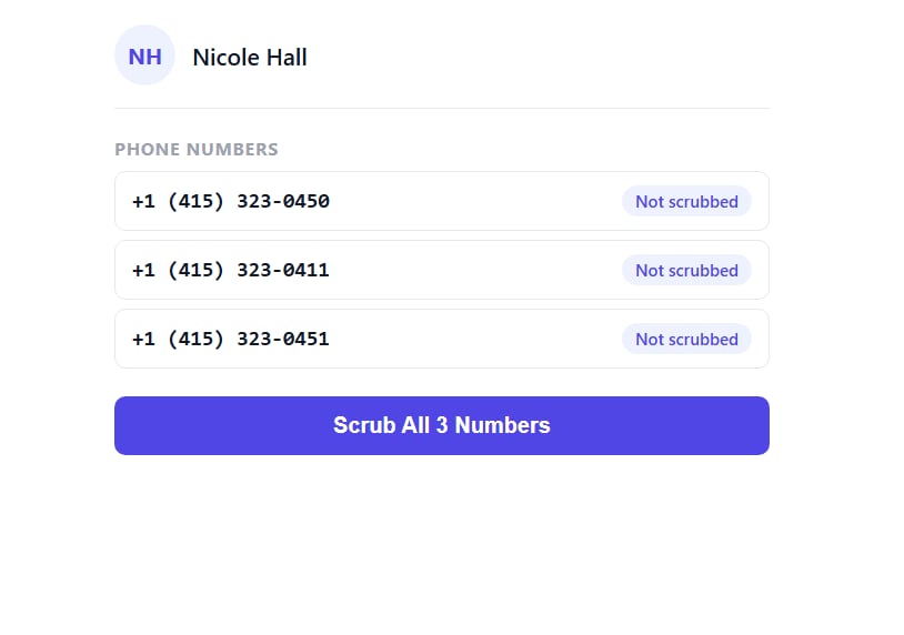Scrub page listing contact phone numbers marked Not scrubbed