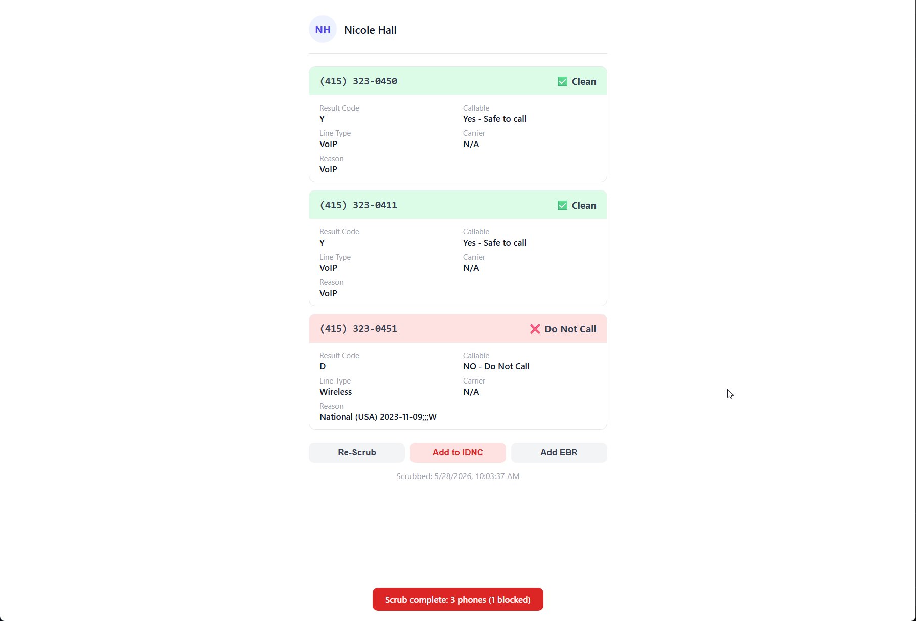 Scrub results showing clean and do-not-call phone cards with result details