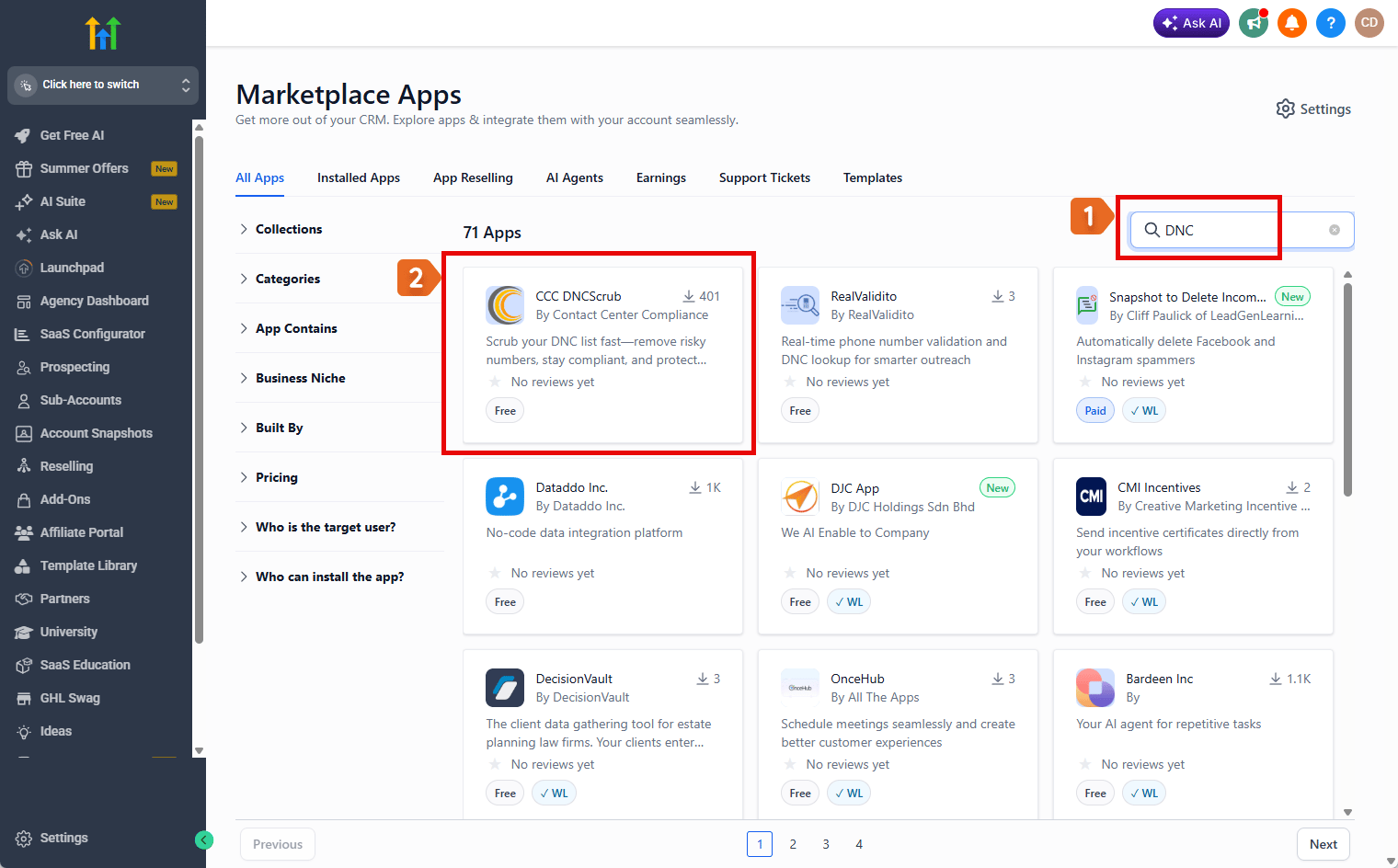 The GoHighLevel App Marketplace with DNC entered in the search box and the CCC DNCScrub app by Contact Center Compliance highlighted