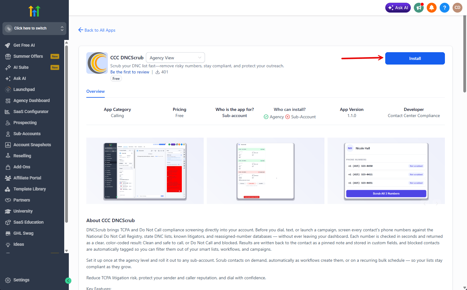 The CCC DNCScrub app page set to Agency View with the Install button highlighted
