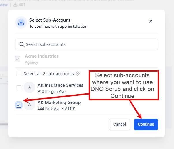 The Select Sub-Account window with a sub-account checked and the Continue button highlighted