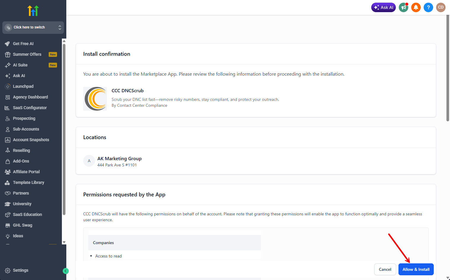The Install confirmation page showing the selected location and requested permissions with the Allow and Install button highlighted