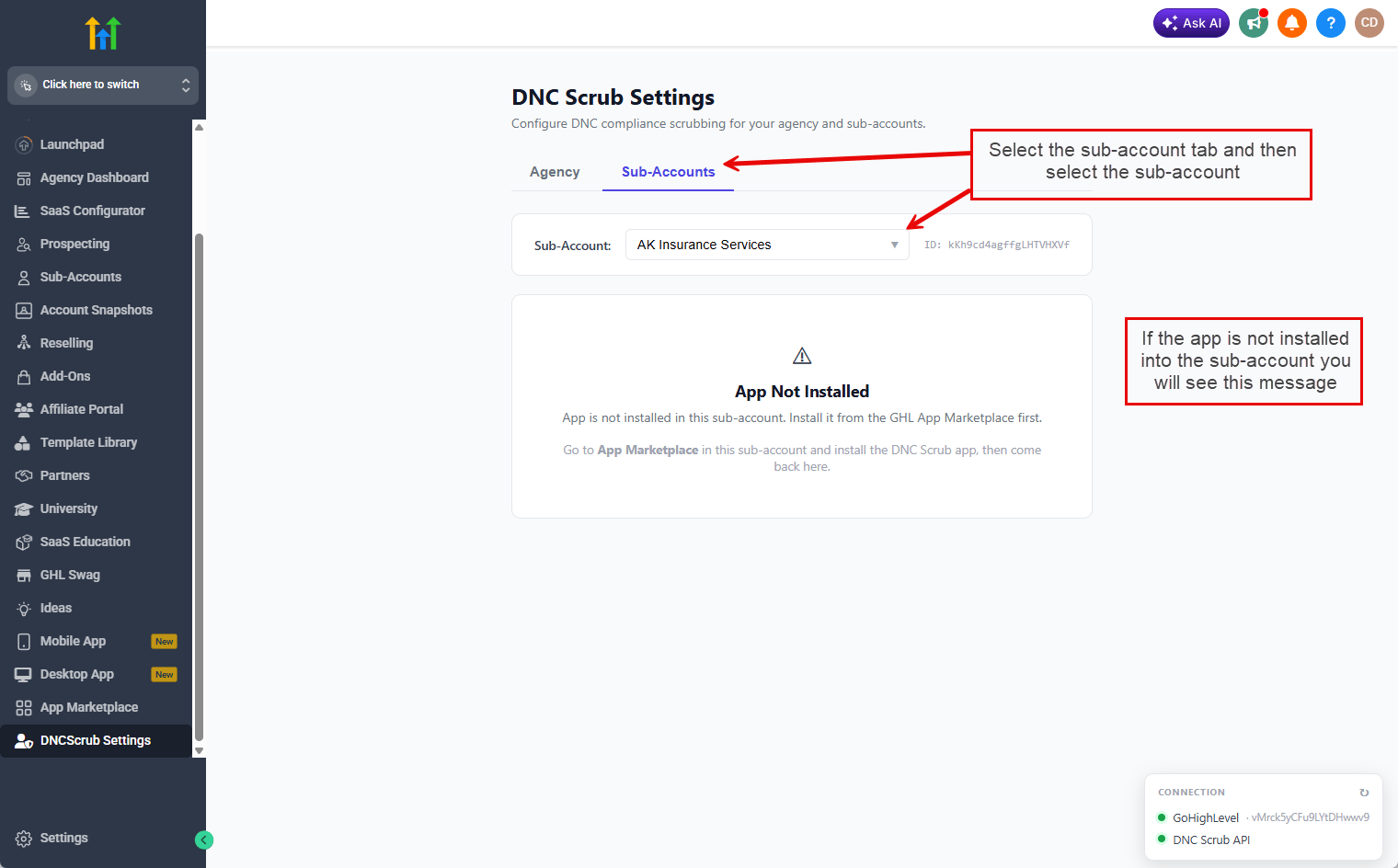 The Sub-Accounts tab with the sub-account selector and an App Not Installed message
