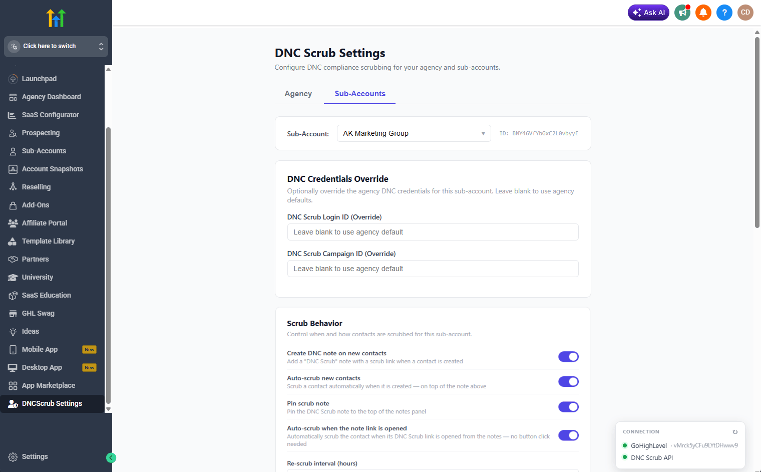 The DNC Credentials Override fields and the Scrub Behavior toggles for a sub-account