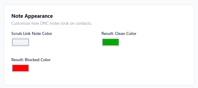 The Note Appearance color pickers for the scrub link note, clean result, and blocked result