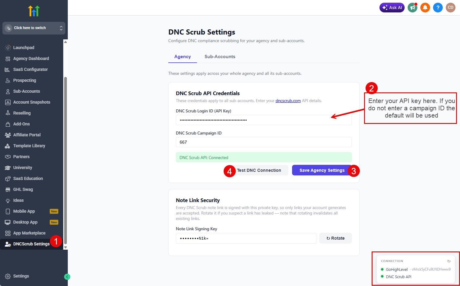 The agency DNC Scrub Settings page: DNCScrub Settings in the sidebar, the API key and campaign ID fields, the Save and Test buttons, and two green connection indicators at the bottom right