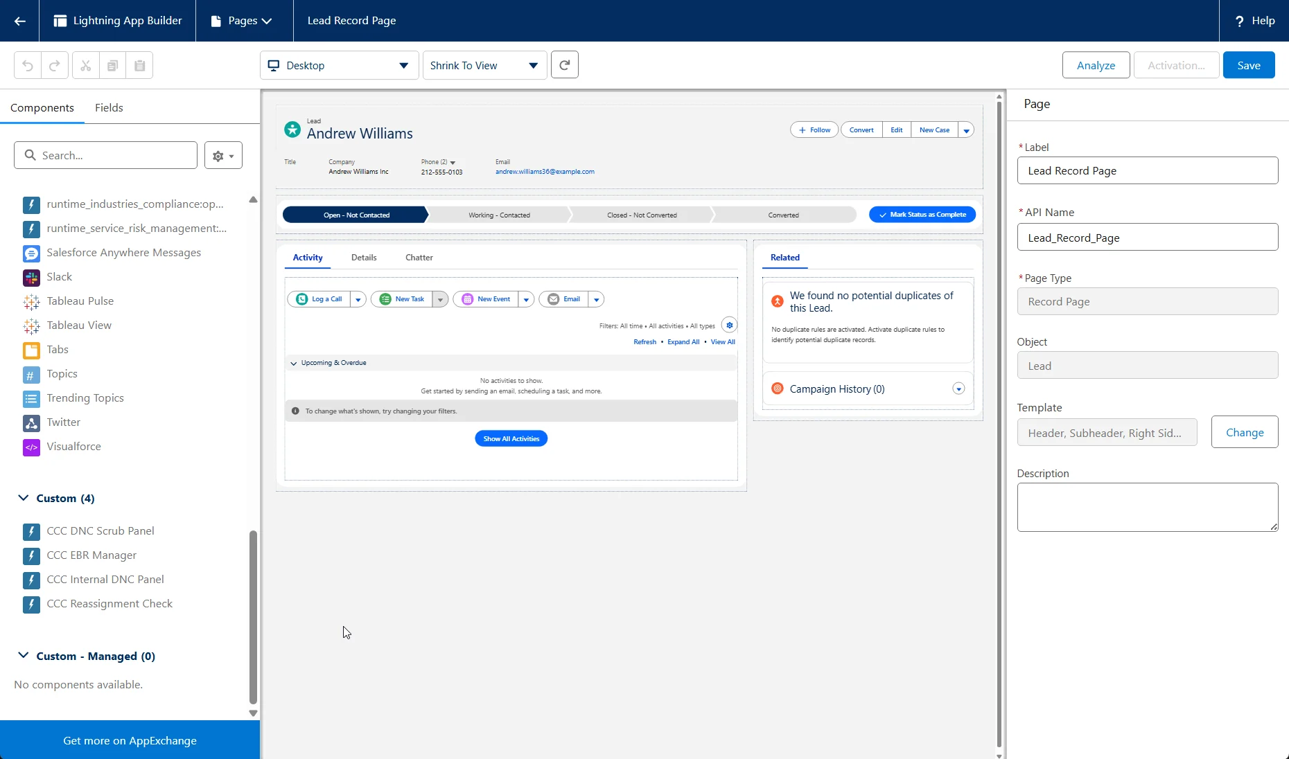 Lightning App Builder editing a Lead Record Page, with the CCC DNC Scrub Panel and other CCC components listed under Custom in the components palette