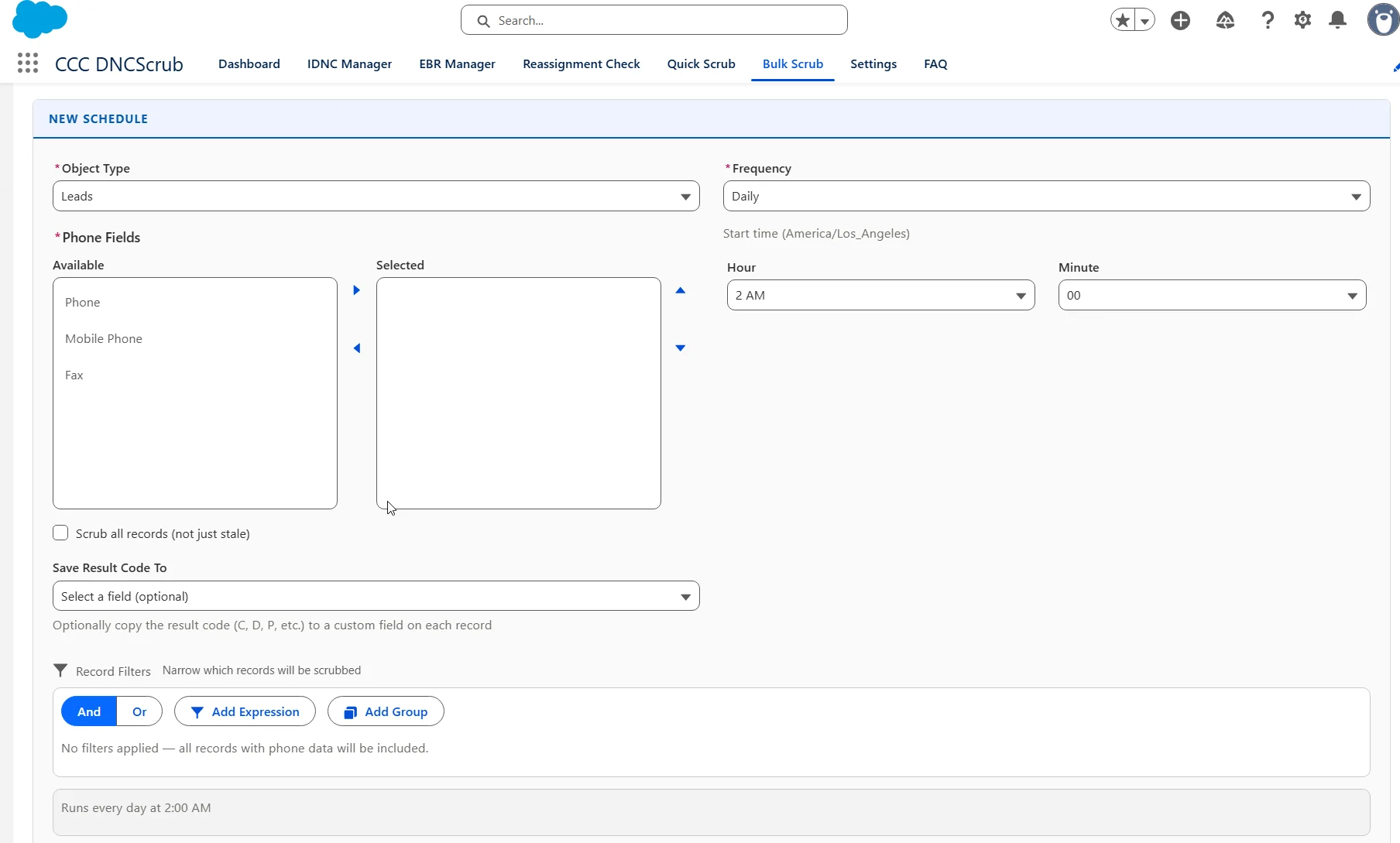 Bulk Scrub tab showing a new schedule with object, phone fields, frequency, and record-count preview
