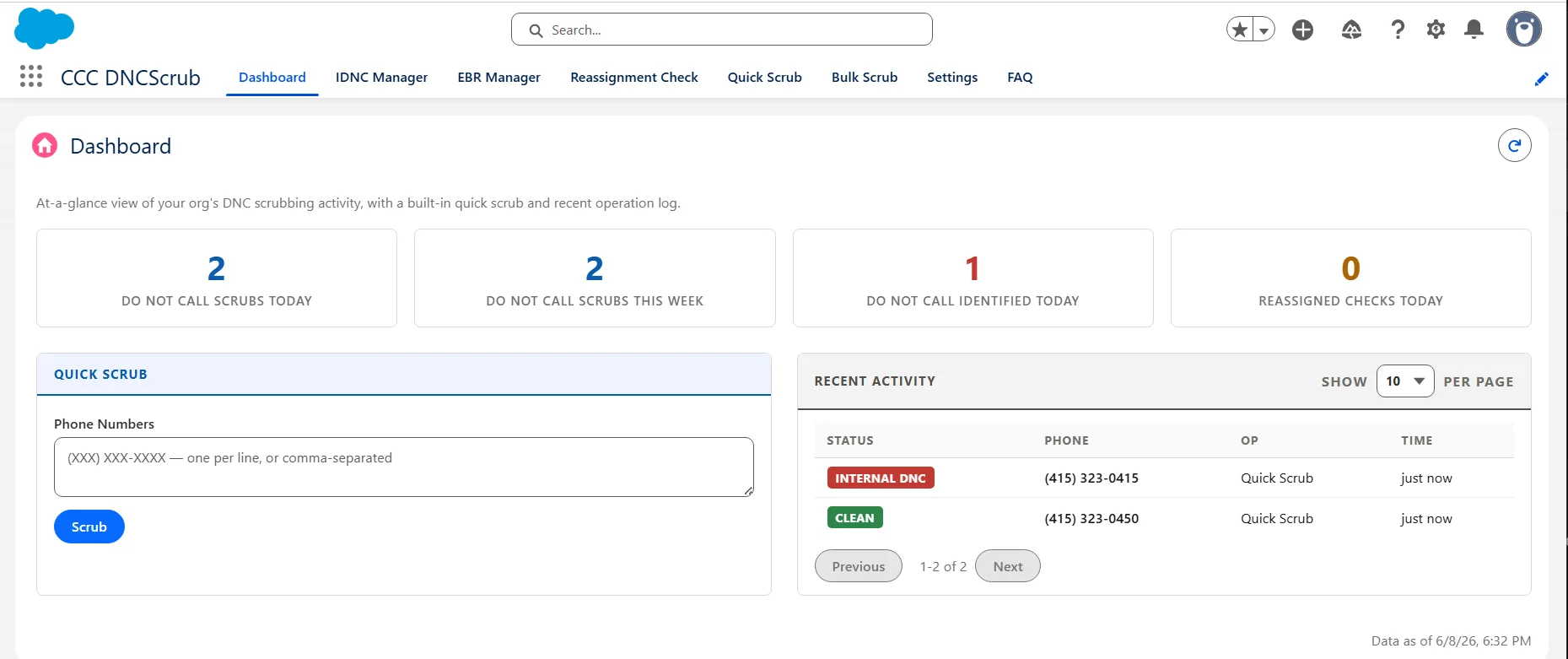 CCC DNCScrub Dashboard with activity statistics, quick scrub, and a recent activity table