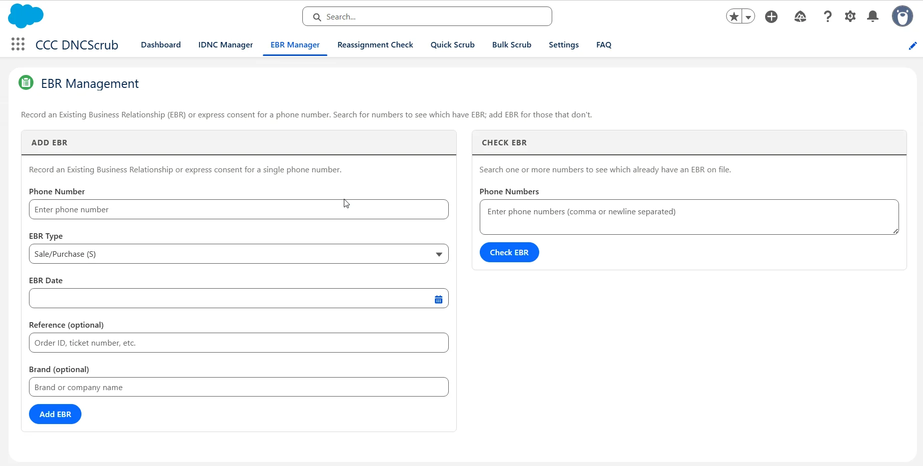 EBR Management tab with an Add EBR form (phone number, EBR type, date, reference, brand) and a Check EBR panel
