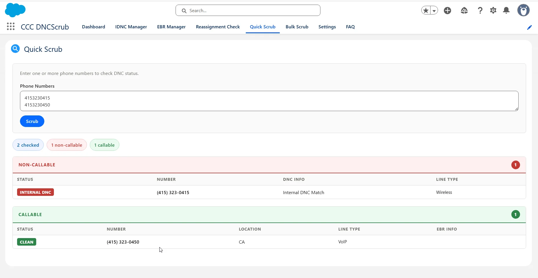Quick Scrub tab with a list of phone numbers and callable versus non-callable results
