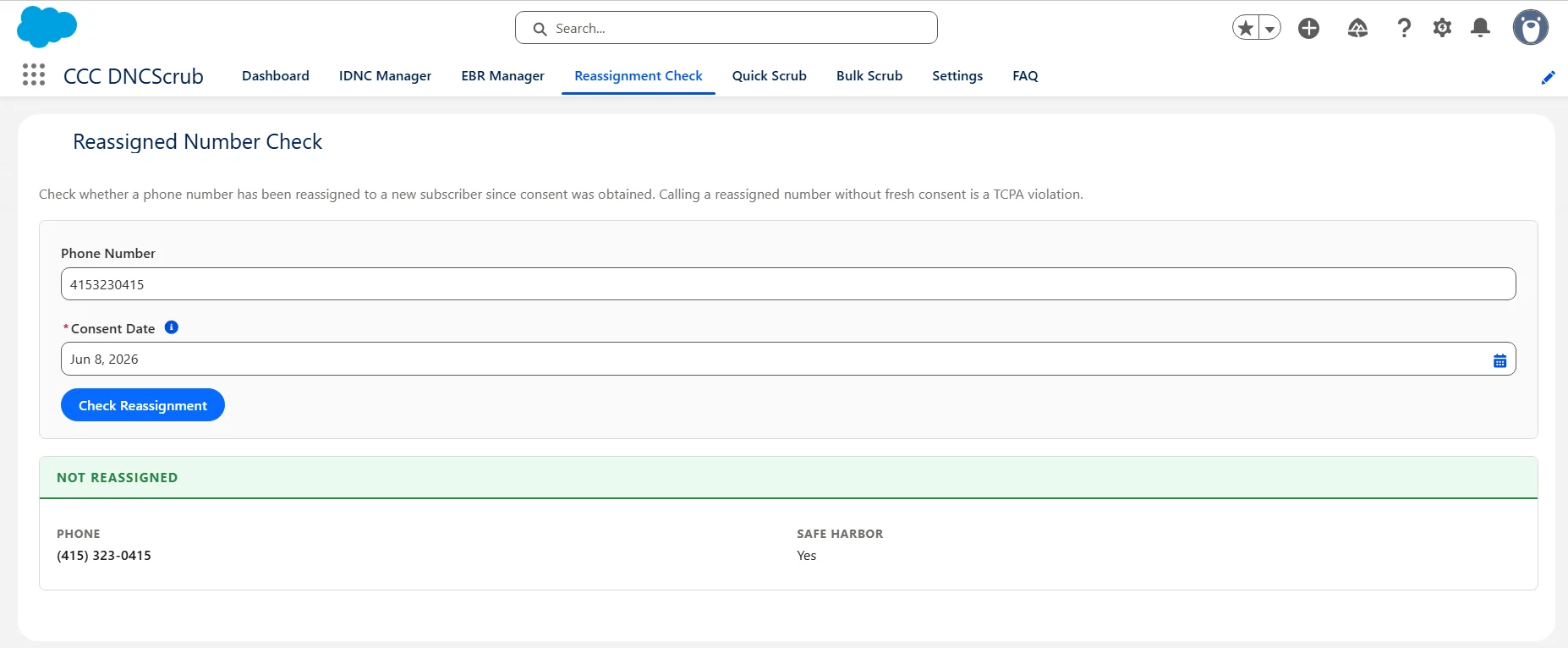 Reassigned Number Check tab with a phone number, consent date, and Safe Harbor result