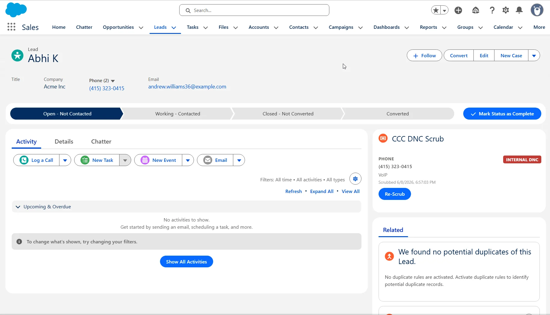 A Lead record page with the CCC DNC Scrub panel in the sidebar showing an Internal DNC result, line type, scrub time, and a Re-Scrub button