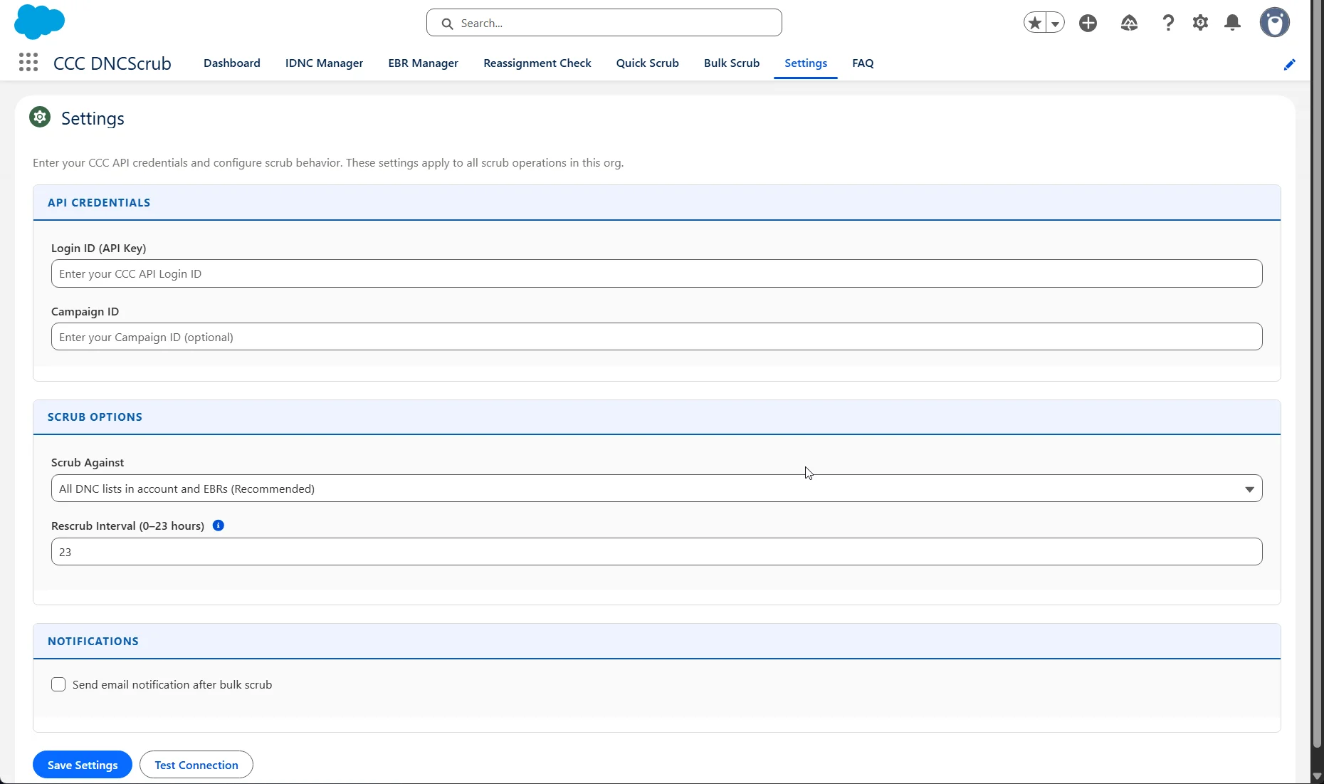 The CCC DNCScrub Settings tab before any credentials are entered, with empty API credentials, scrub options, and notifications sections