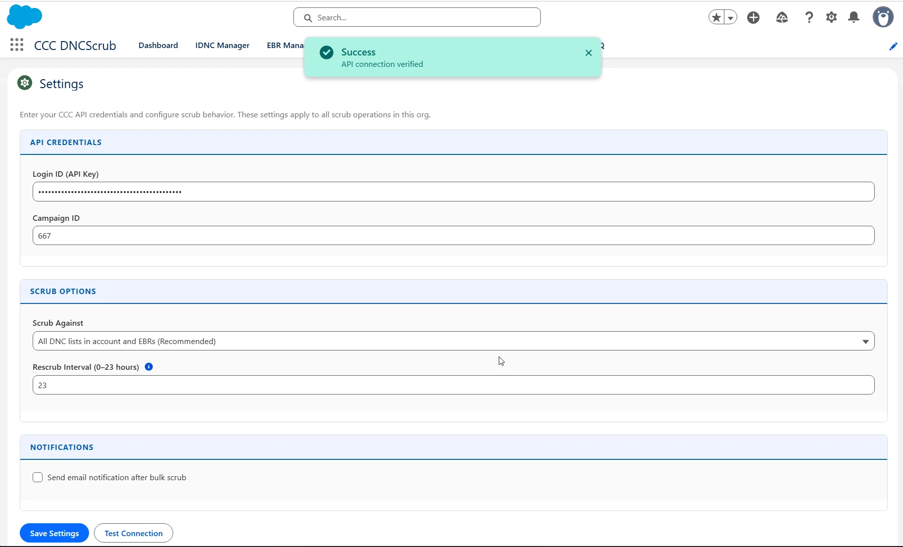 CCC DNCScrub Settings tab showing API credentials with a verified connection, scrub options, and notifications