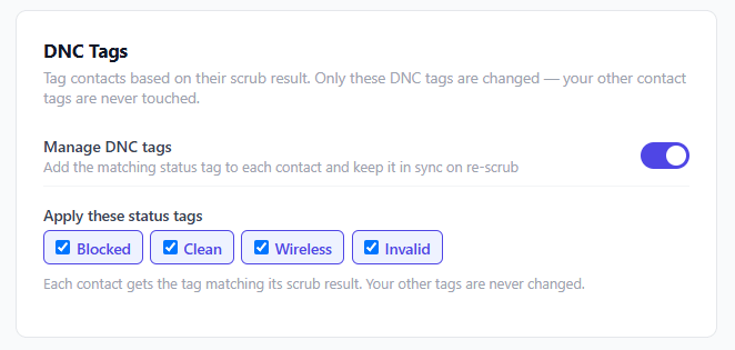 The DNC Tags settings with the Manage DNC tags toggle and the Blocked, Clean, Wireless, and Invalid status tag checkboxes