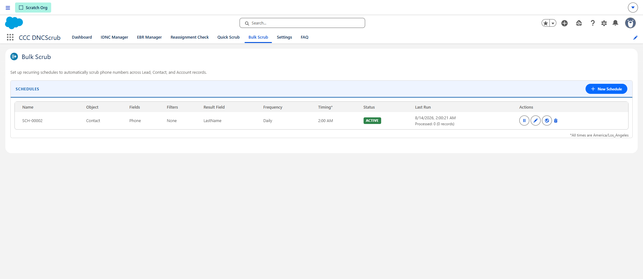 Bulk Scrub schedules list showing a daily Contact schedule with phone field, result field, timing, active status, and last run details