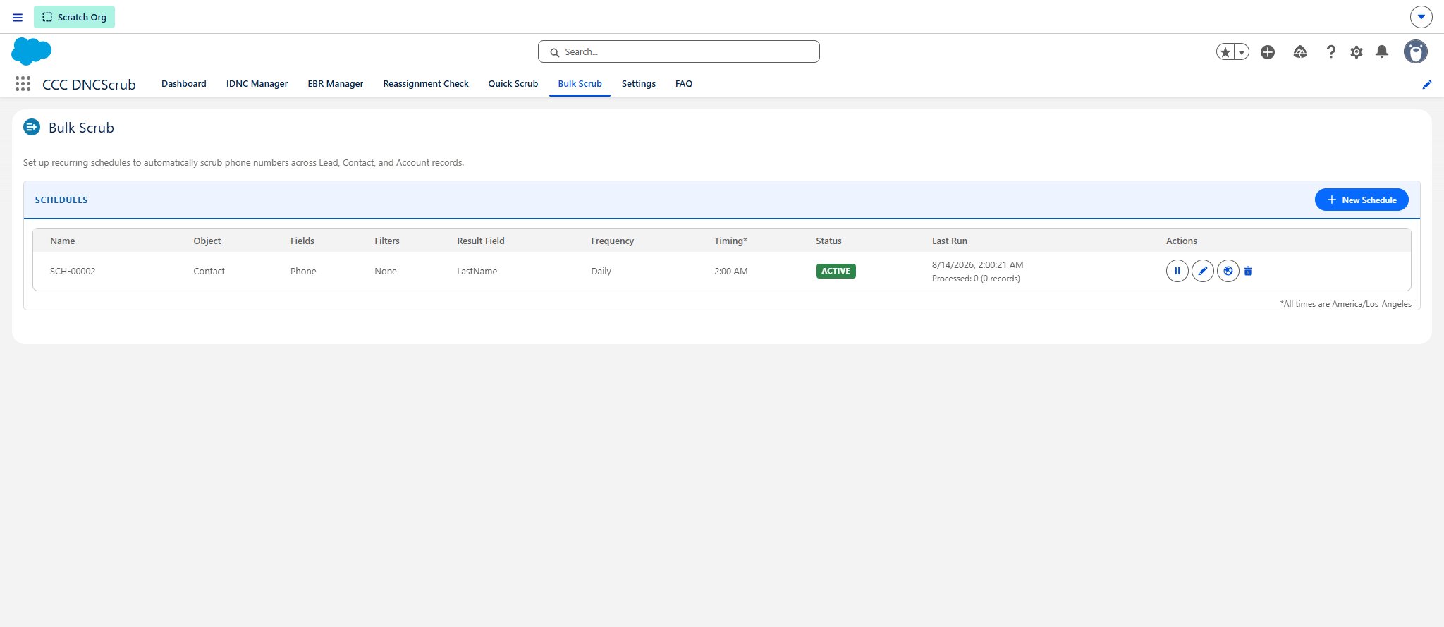 Bulk Scrub schedules list showing a daily Contact schedule with phone field, result field, timing, active status, and last run details