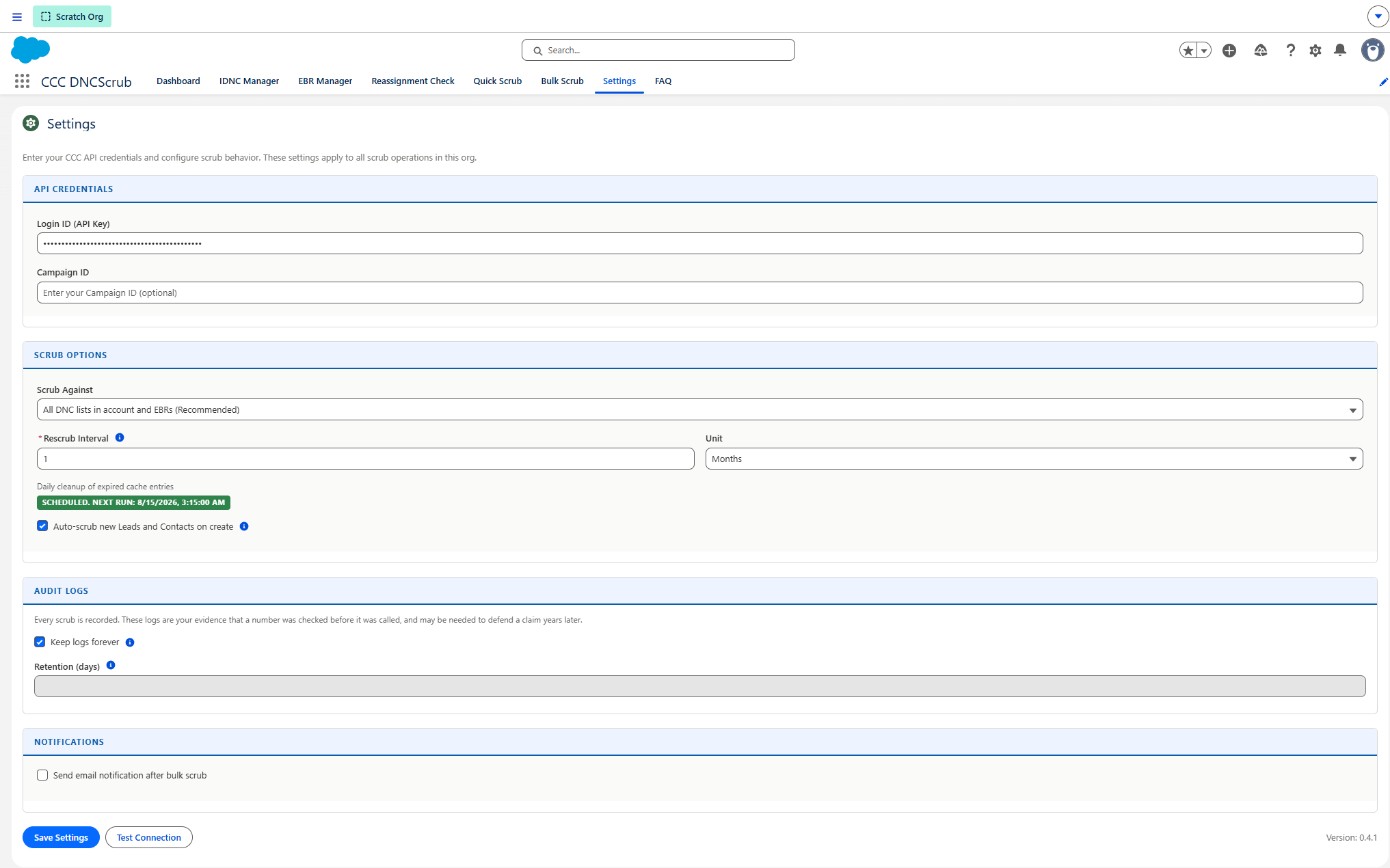CCC DNCScrub Settings tab showing API credentials, scrub options with rescrub interval and unit, the daily cleanup job status, audit log retention, notifications, and the installed version