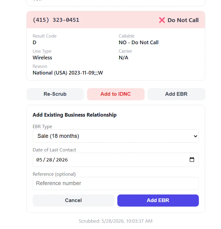Add Existing Business Relationship form with EBR type, date of last contact, and reference