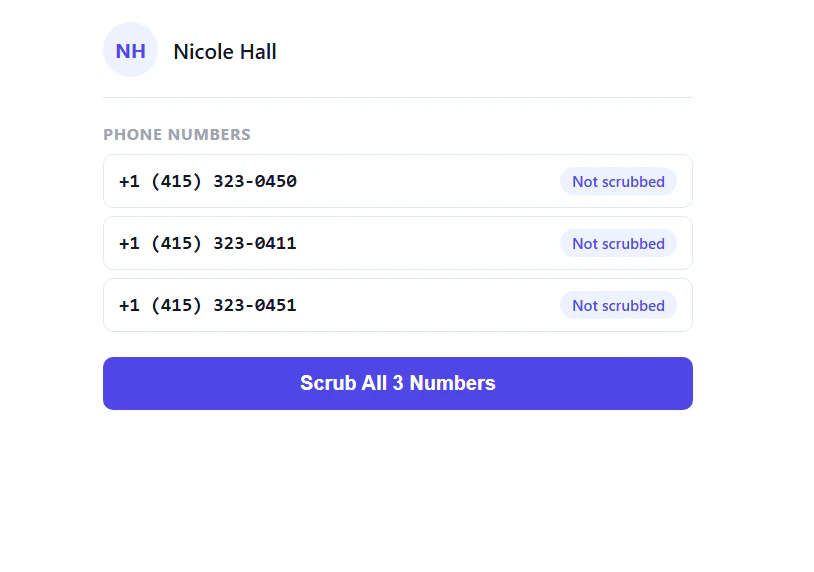 Scrub page listing contact phone numbers marked Not scrubbed