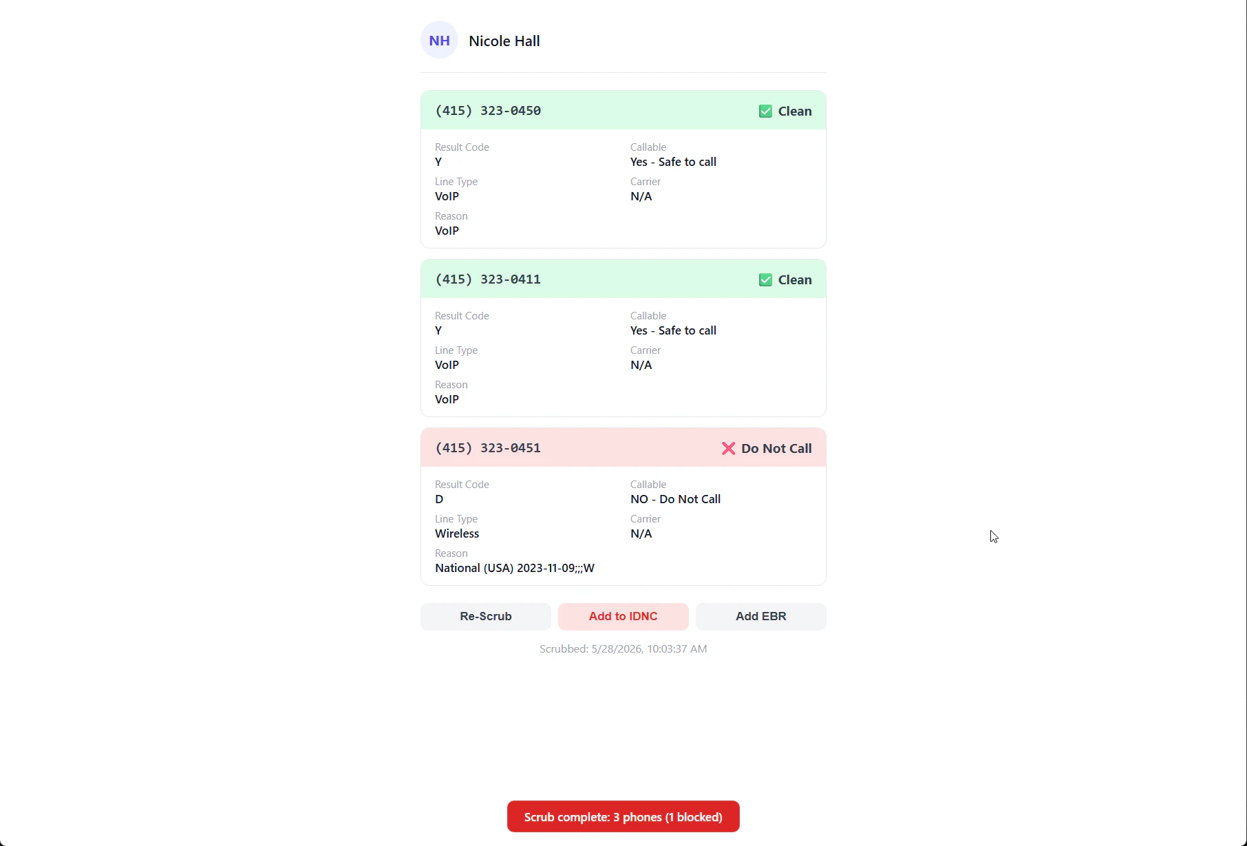 Scrub results showing clean and do-not-call phone cards with result details