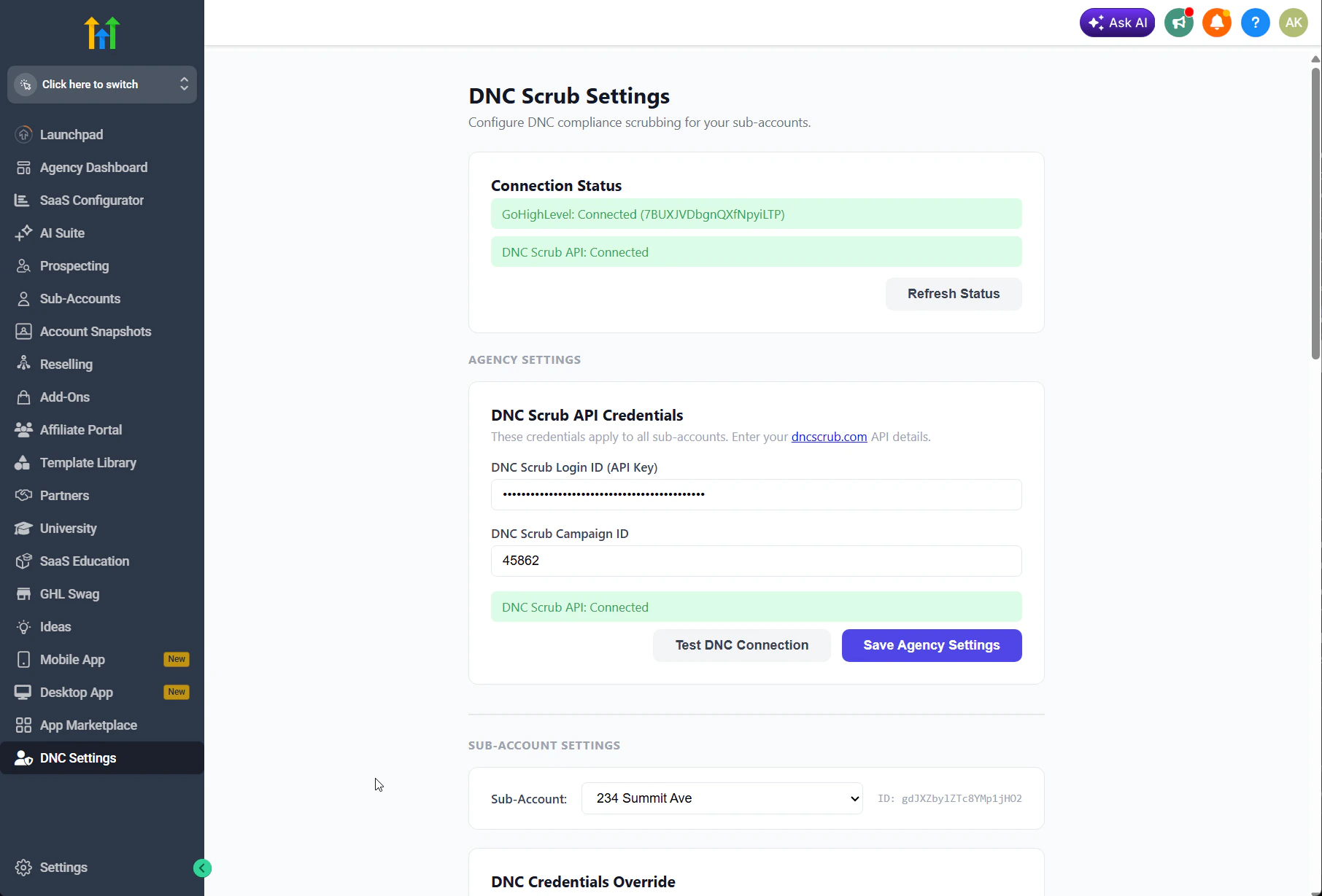 DNC Scrub Settings showing connection status, agency API credentials, and the sub-account selector