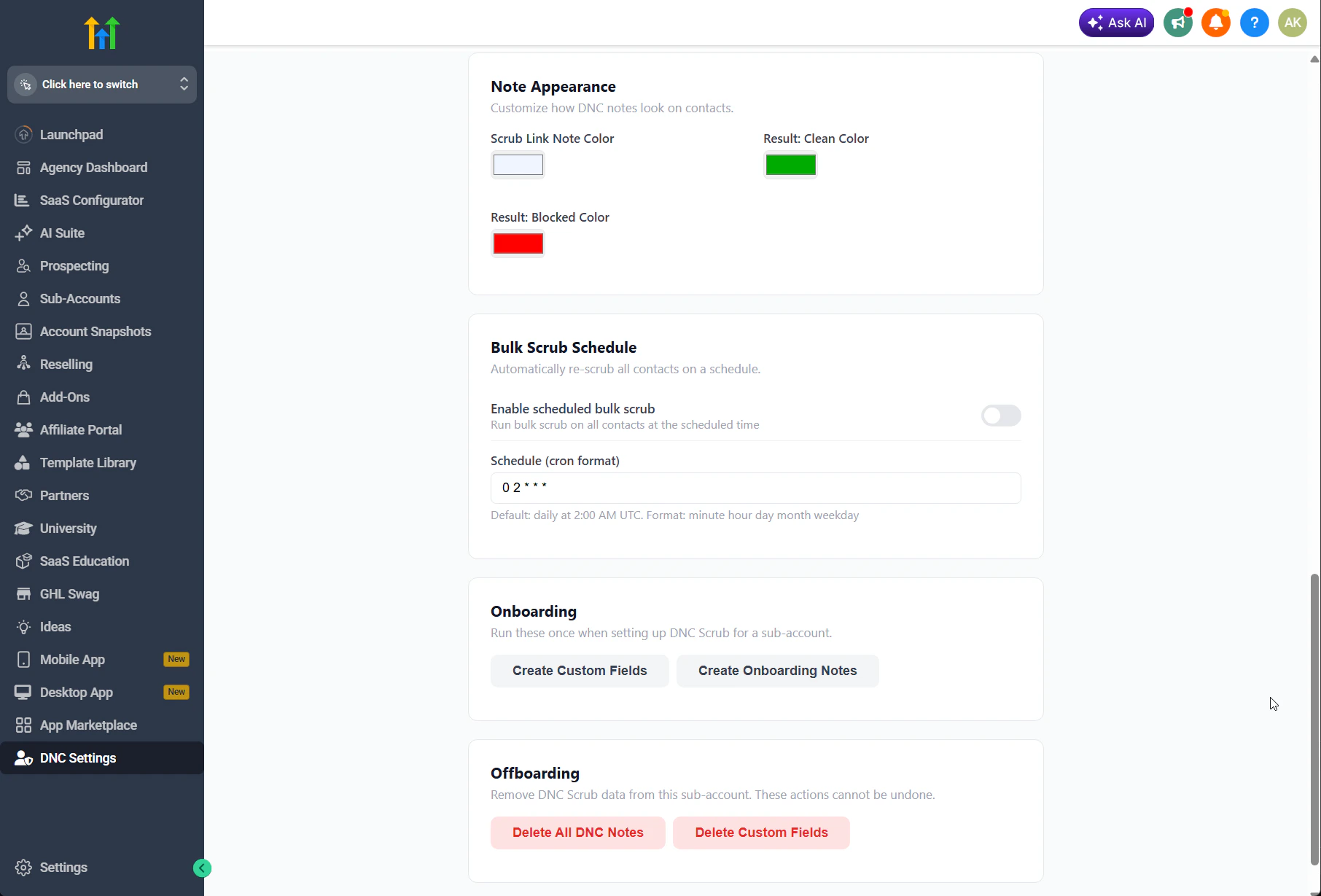 Note appearance, bulk scrub schedule, and onboarding and offboarding actions