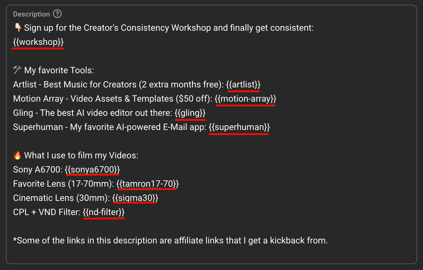 A dynamic link variable placed in a YouTube video description