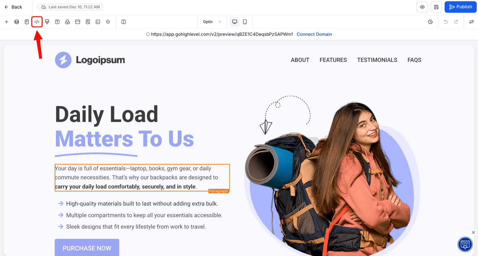 The Tracking Code option in a GoHighLevel funnel