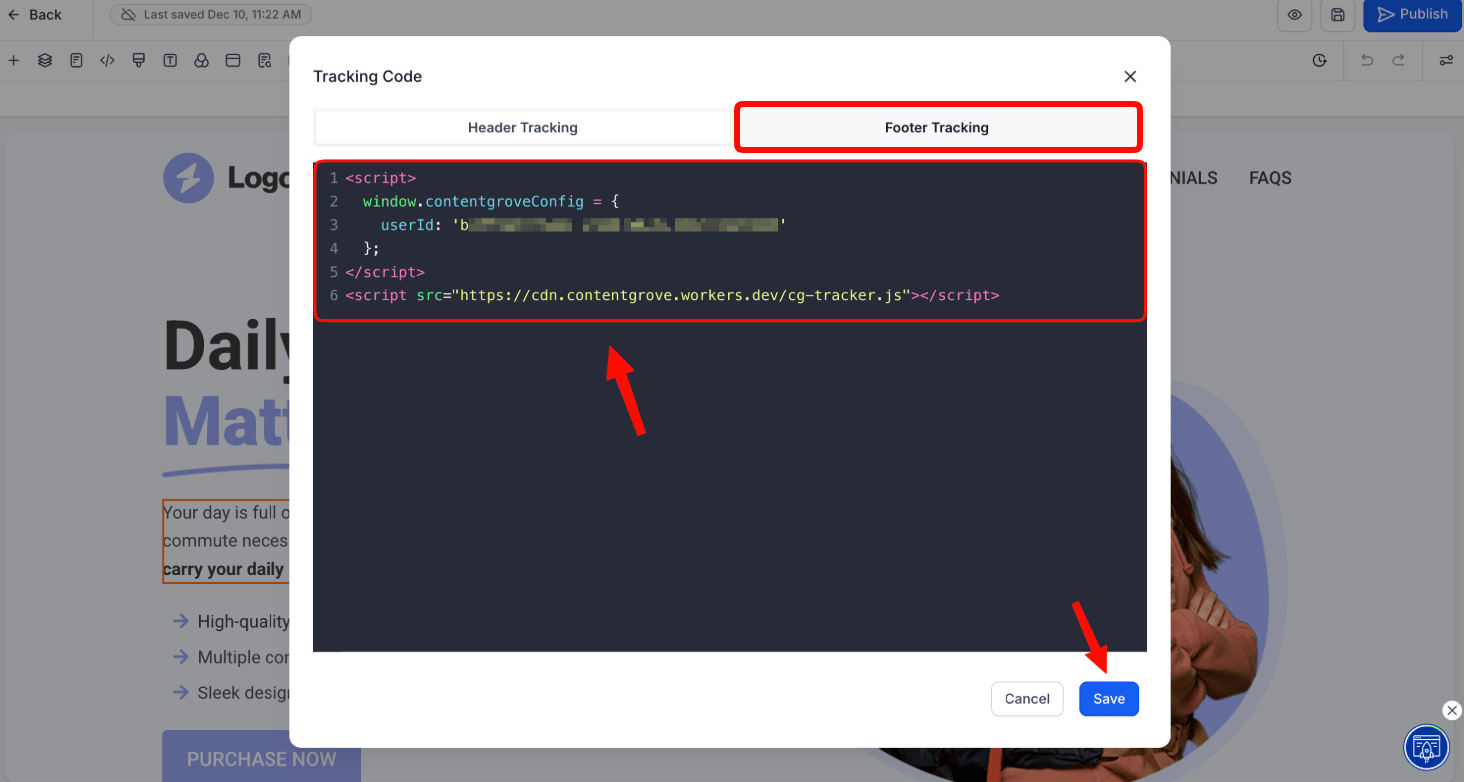 Pasting the snippet into the Footer Tracking section in GoHighLevel