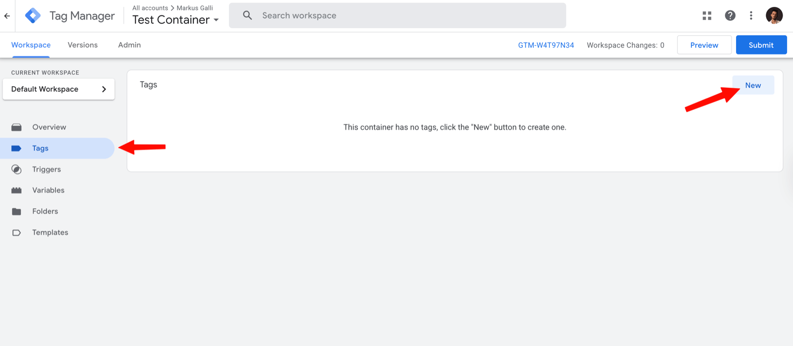 Creating a new tag in the Tags section of Google Tag Manager