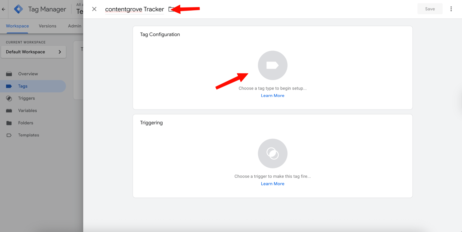Naming the tag and opening Tag Configuration in Google Tag Manager