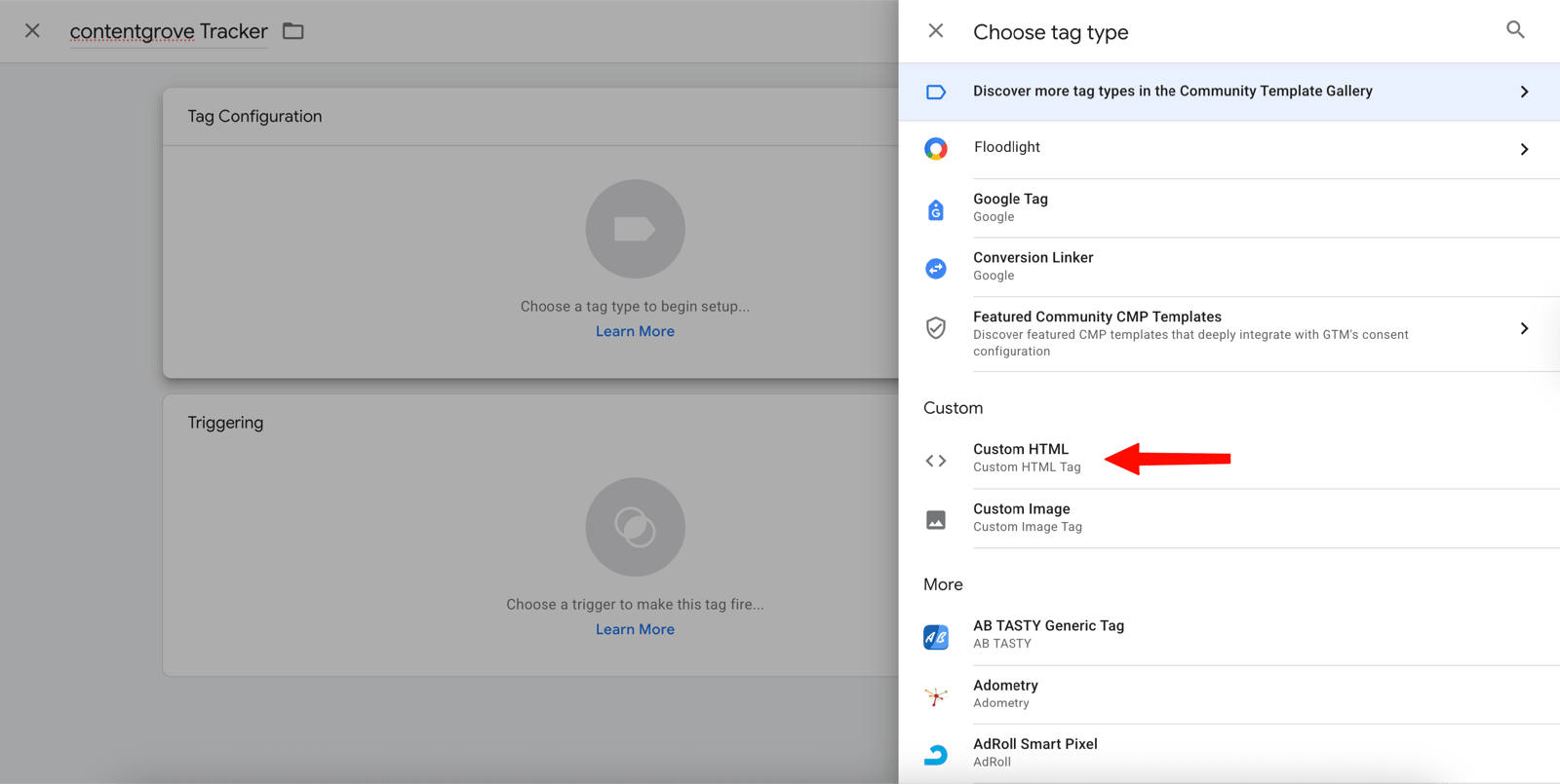 Selecting Custom HTML as the tag type in Google Tag Manager