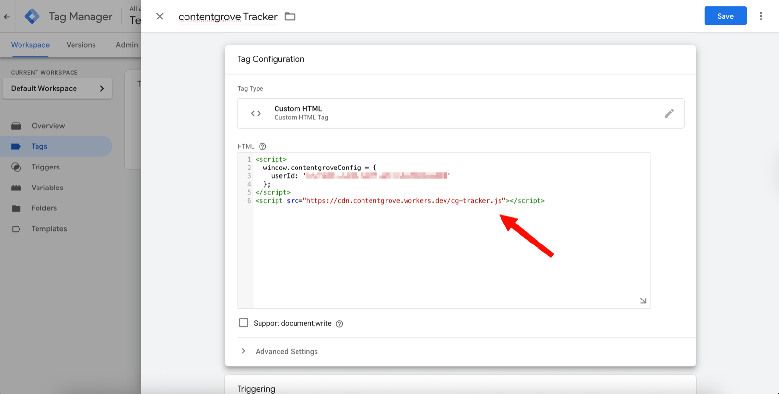 Pasting the contentgrove snippet into the Custom HTML field
