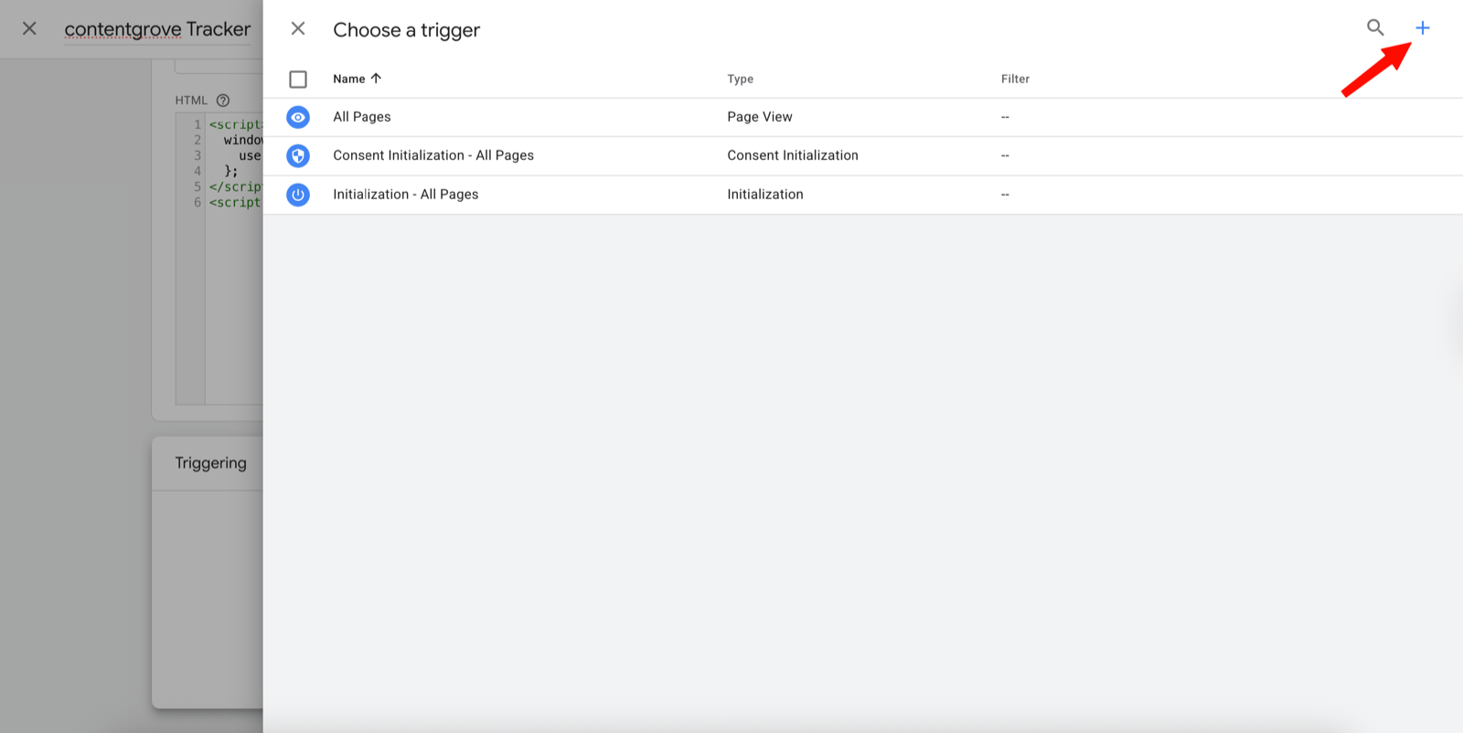 Creating a new trigger with the plus icon in Google Tag Manager