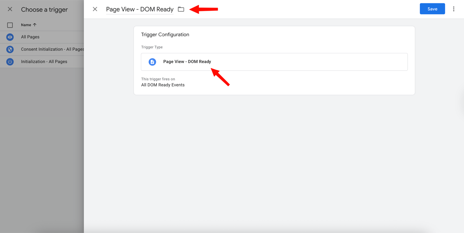 Selecting Page View – DOM Ready as the trigger type