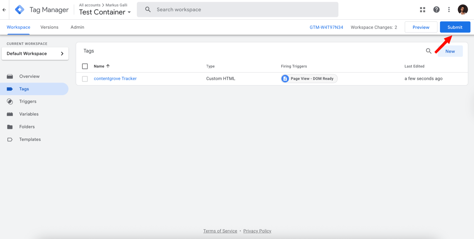 Clicking Submit to publish the container in Google Tag Manager