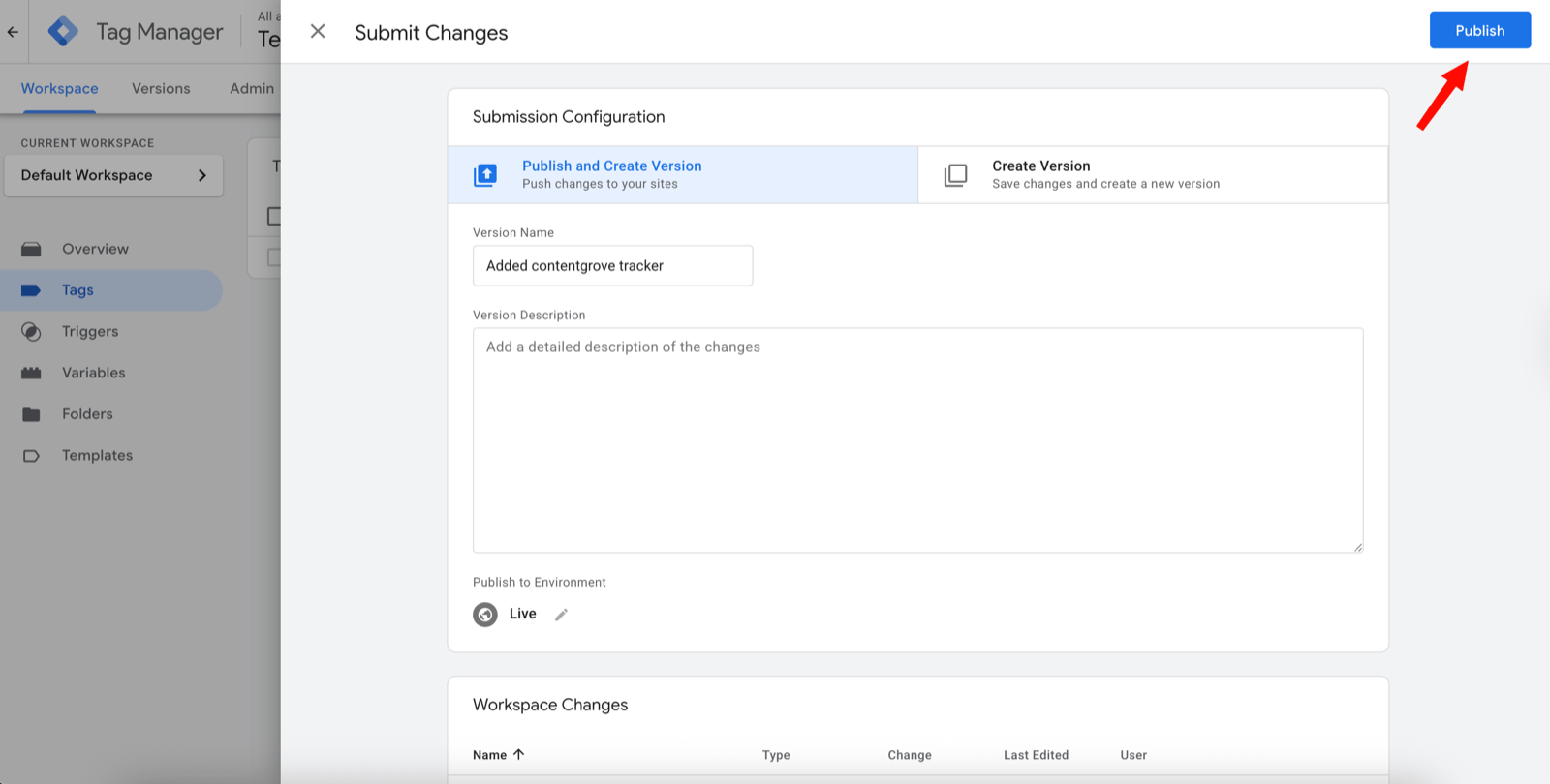 Confirming the publish in Google Tag Manager