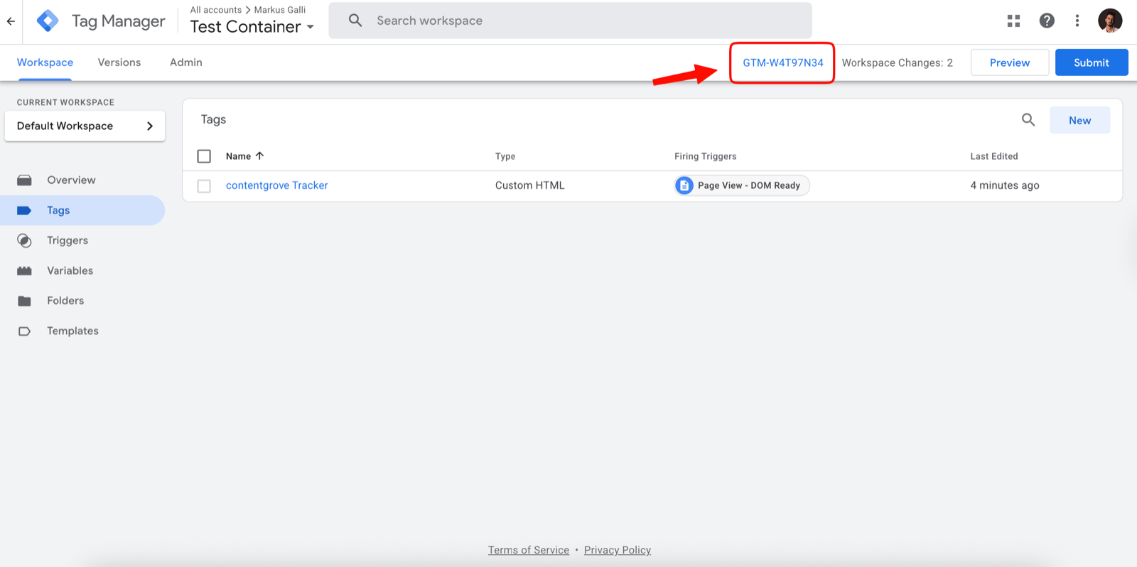 The published contentgrove GTM tag, ready to track