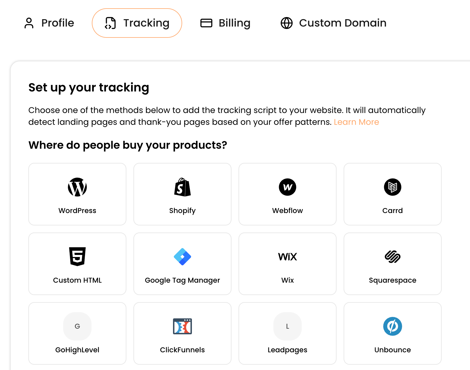 The tracking settings page in contentgrove with website provider options