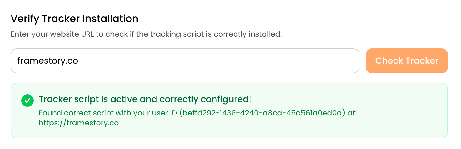 The Verify tracker tool in contentgrove confirming the script is installed