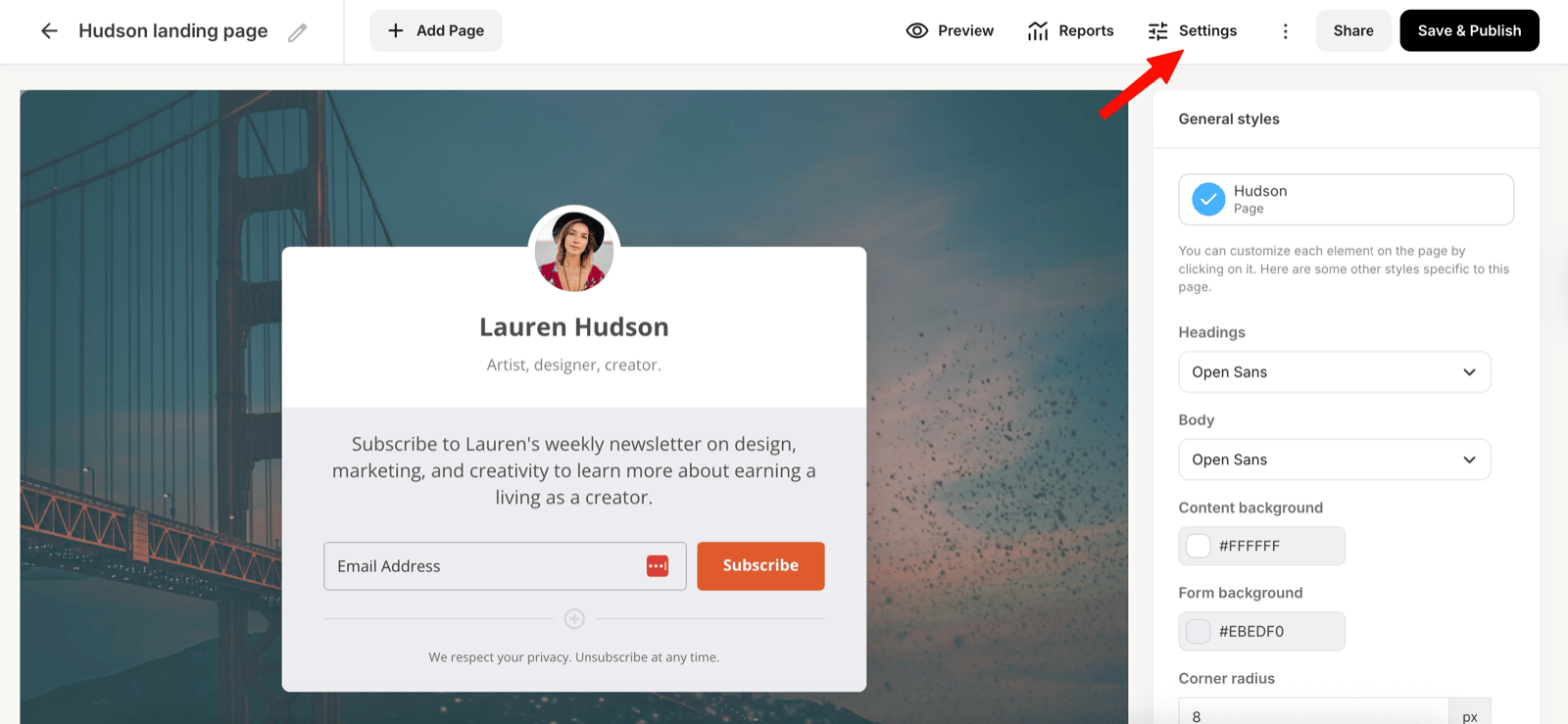 Opening the settings for a Kit landing page