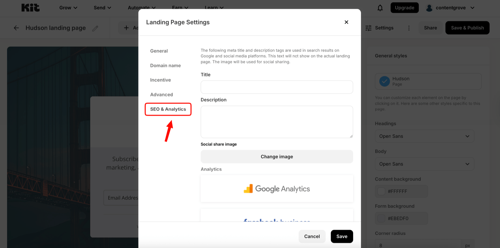 The SEO & Analytics tab in Kit landing page settings